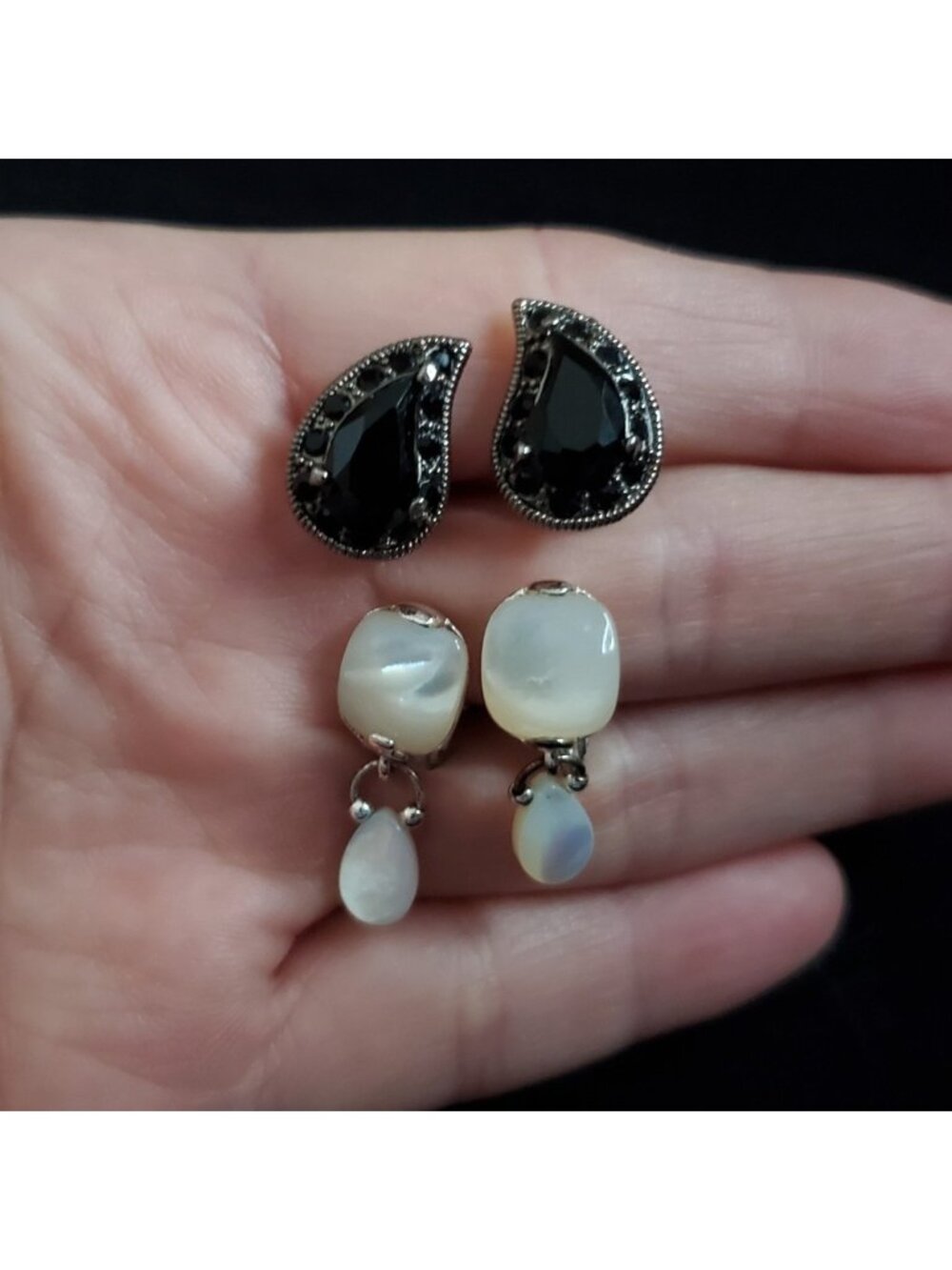 Vintage Monet Earrings Clip On Silver Tone White Black 2 Pair .5-.75"